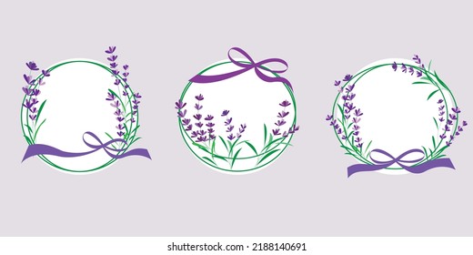  Set of Flower Wreath elements. Floral wreath decoration with lavender flower. Seasons Greeting, wedding, thank you message design elements. Vector illustration.