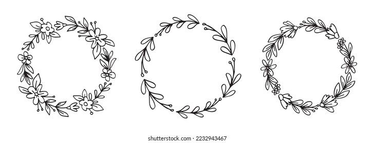 Set of flower wreath in round shape for ornament and copy space. Collection of floral hand drawn illustration design