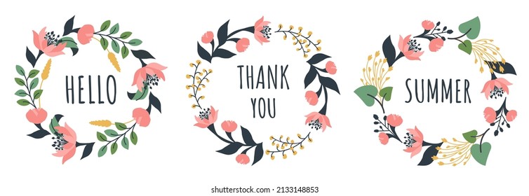 Set flower wreaths. Beautiful floral frame of  blooms, leaves, herbal plants, wildflowers. Floristic template for greeting, Women's Day, Mother's Day, beauty industry. Vector cartoon illustration