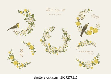 Set with flower wreaths and birds. Floral frame. Garland. Botanical illustration. Vector. Vintage style. Japanese kerria, cherry, hawthorn, willow warbler.