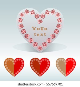 Set of flower wreaths. Heart view icons. Stickers, tags with floral ornament. Labels for your note, text. Valentine day, birthday, sale, holiday symbol. Colored signs. Vector isolated