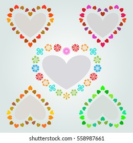 Set of flower wreaths. Heart view icons. Stickers, tags with floral ornament. Labels for your note, text. Valentine day, birthday, sale, holiday symbol. Colored signs. Vector isolated