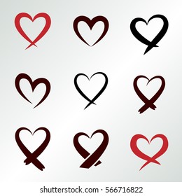 Set of flower wreaths. Heart view icons. Stickers, tags with floral ornament. Labels for your note, text. Valentine day, birthday, sale, holiday symbol. Black, red signs. Vector isolated