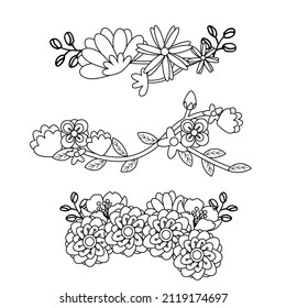 Set of Flower wreaths. Spring flowers wreath set isolated on white background, line art of springtime wedding flowering vector illustration