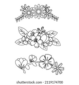 Set of Flower wreaths. Spring flowers wreath set isolated on white background, line art of springtime wedding flowering vector illustration