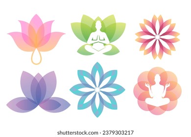 conjunto de diseños de flor y logotipo de yoga plantilla .combinación loto y gente.