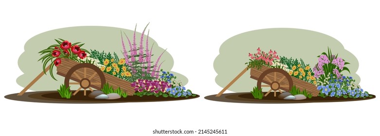 Set of flowerbeds in garden carts with many flowers, stones, grass. Landscape garden design elements. Vector illustration