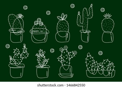 Set of flowering cacti in pots. White outline drawing on dark green background