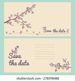 Set of flowering hand drown cherry blossom card. Vintage background. Vector illustration. Best for invitations, textile, print, greeting card