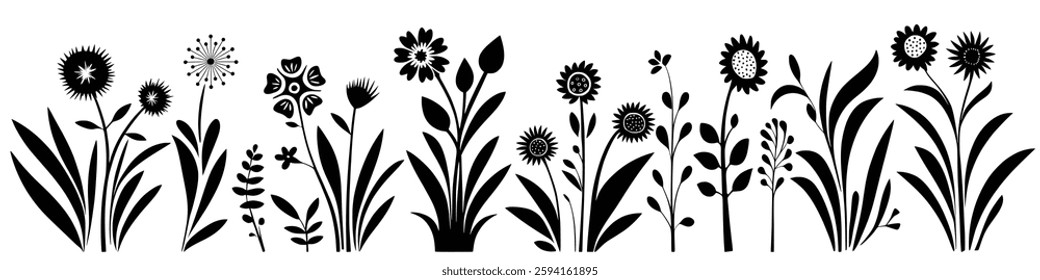 Set of flowering herbs isolated on white background, flowers and leaves, vector design