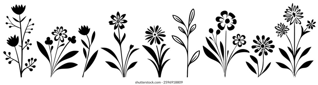 Set of flowering herbs outline isolated on white background, flowers and leaves, vector design