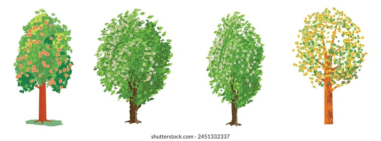 Set of flowering trees isolated on white background. Realistic style vector illustration.