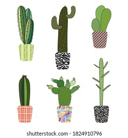 Un conjunto de macetas de flores con cactus. Ilustración de material vectorial eps10.