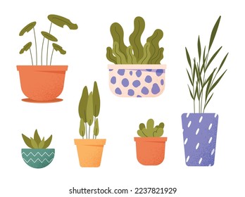 Set of flowerpots. Collection of graphic elements for website. Gardening and love for plants and flowers. Botany and floristry. Cartoon flat vector illustrations isolated on white background