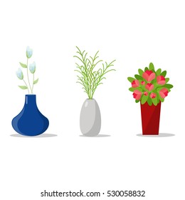 Set Of Flowerpots for House Interior.Decorative Flower And Vases.Vector Illustration Isolated.