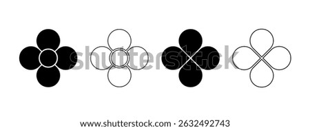 Set of flowers with 4 petals and core. Floral pie charts divided on four equal parts in leaf shapes isolated on white background. Templates for data presentation. Vector graphic illustration.
