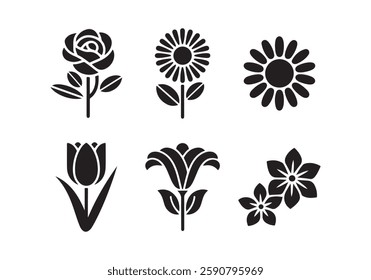 Set of flowers. 6 vector silhouette icon set