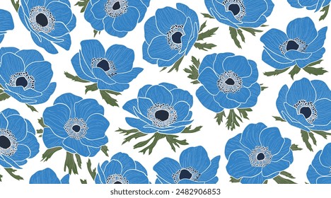 Set of flowers. Anemone hand-drawn style pattern vector illustration.