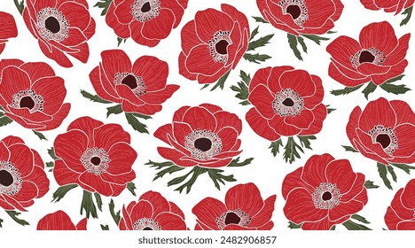 Set of flowers. Anemone hand-drawn style pattern vector illustration.