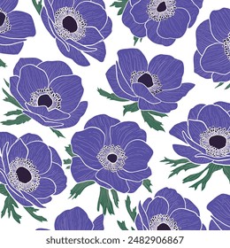 Set of flowers. Anemone hand-drawn style pattern vector illustration.