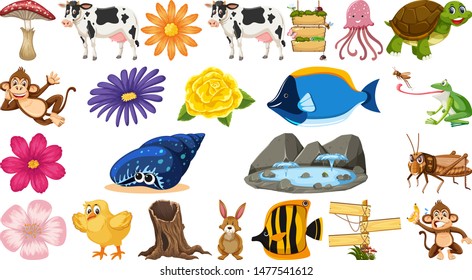 Set of flowers and animals illustration