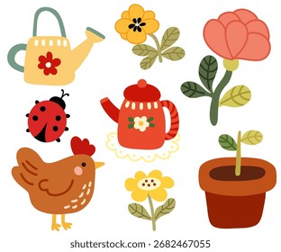 Conjunto de flores, animales y plantas