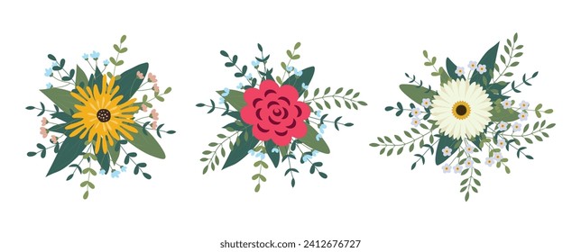 Set of flowers arrangement isolated on background. Flat illustration. Perfect for cards, invitations, decorations, logo, various designs. Vector illustration