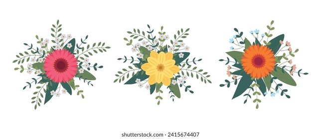 Set of flowers arrangement isolated on background. Flat illustration. Perfect for cards, invitations, decorations, logo, various designs. Vector illustration