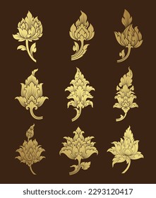 Set flowers art, asian buddhism temple element and background pattern decoration motifs for ceiling pattern, flyers, poster, web, banner, and card concept vector illustration