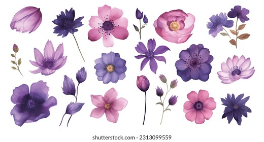 A set of flowers assembled into a beautiful bouquet in watercolor style isolated on white background flat vector illustration