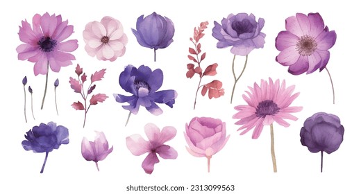 A set of flowers assembled into a beautiful bouquet in watercolor style isolated on white background flat vector illustration