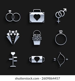 Set Flowers in a basket, Two coffee cup and heart, Bow arrow, Diamond engagement ring, Signpost with, Suit, Gender and Wedding rings icon. Vector
