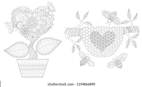 Set of flowers and bee hive in heart shape for wedding invitations, Valentines card and adult coloring book page for anti stress. Vector illustration