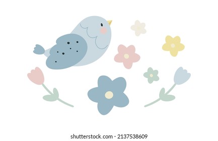 Set with flowers and bird. Vector illustration. Cartoon style.