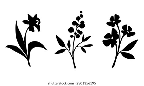 Set of flowers. Black silhouettes of flowers isolated on a white background. Vector illustration