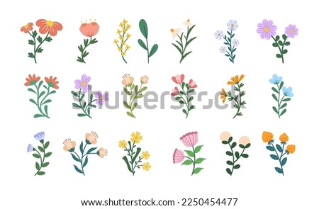 Set of Flowers, Blossom Icons. Spring and Summer Blooming Plants, Isolated Floristic Elements for Design and Decorative Compositions for Greeting Card or Invitation. Cartoon Vector Illustration