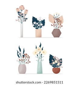 Set of flowers in boho style vases. Composition of flowers vector illustration. Bouquets of tricots, cotton, various decorative leaves and twigs.