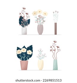 Set of flowers in boho style vases. Composition of flowers vector illustration. Bouquets of tricots, cotton, various decorative leaves and twigs.