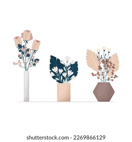 Set of flowers in boho style vases. Composition of flowers vector illustration. Bouquets of tricots, cotton, various decorative leaves and twigs.