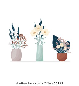 Montaje de flores en jarrones estilo boho. Composición de la ilustración vectorial de flores. Bouquets de tricots, algodón, varias hojas y ramas decorativas.