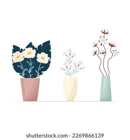 Montaje de flores en jarrones estilo boho. Composición de la ilustración vectorial de flores. Bouquets de tricots, algodón, varias hojas y ramas decorativas.