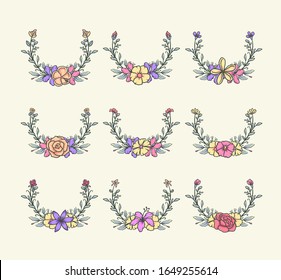 Conjunto de bordes de flores, línea dibujada a mano con color digital, ilustración vectorial