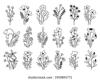 Set of flowers bouquet. Collection of minimalist bouquets of beautiful wildflowers. Linear art. Botany. Vector illustration for design of decorative elements of plants.