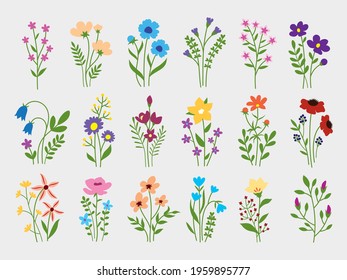 Set of flowers bouquet. Collection of minimalist bouquets of beautiful wildflowers. Linear art. Botany. Vector illustration for design of decorative elements of plants.