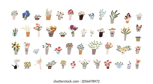 Flores, ramos, follaje y flores florecientes en macetas, jarrones y jarras. Colección de decoración florística. Ilustración vectorial gráfica plana coloreada aislada en fondo blanco