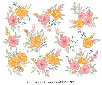 Conjunto de buquês de flores ilustração vetorial para casamento, banners, cartões ou convites.
