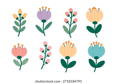 Un conjunto de flores y ramas en un estilo de Vector minimalista plano, Formas simples, contornos claros, colores pastel