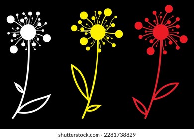 Set of flowers, branches, leaves of different colors, white, yellow and red, stamens, circle shapes, on a black background.