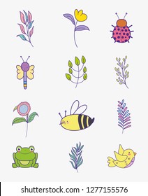 set flowers with branches leaves and insects animals