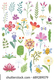 A set of flowers, butterflies, bees, branches, leaves in a doodle style.